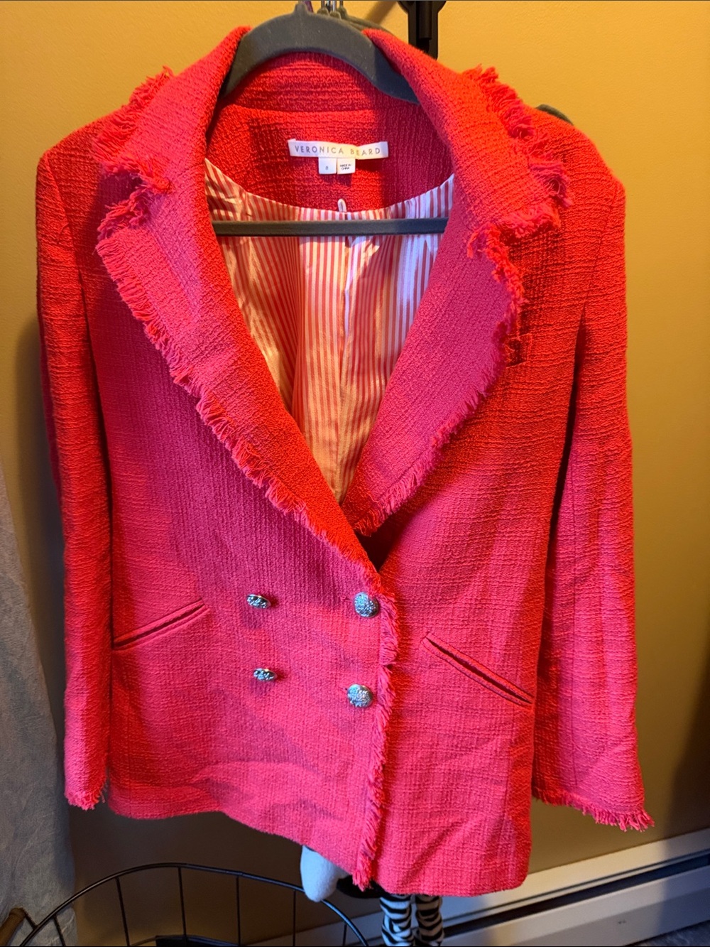 Veronica Beard Bright Red Frayed Double-Breasted Blazer